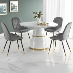 Garnero Arredamenti Tavoli Laccati|Tavoli Da Pranzo-Tavolo rotondo 120x120cm da pranzo bianco laccato acciaio oro Ruby