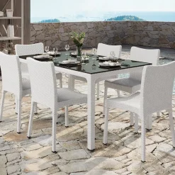 Garnero Arredamenti Tavoli Da Giardino|Tavoli Da Pranzo-Tavolo 150x90cm da giardino esterno bar dehors polipropilene effetto rattan bianco e vetro Ezio Bianco Opaco