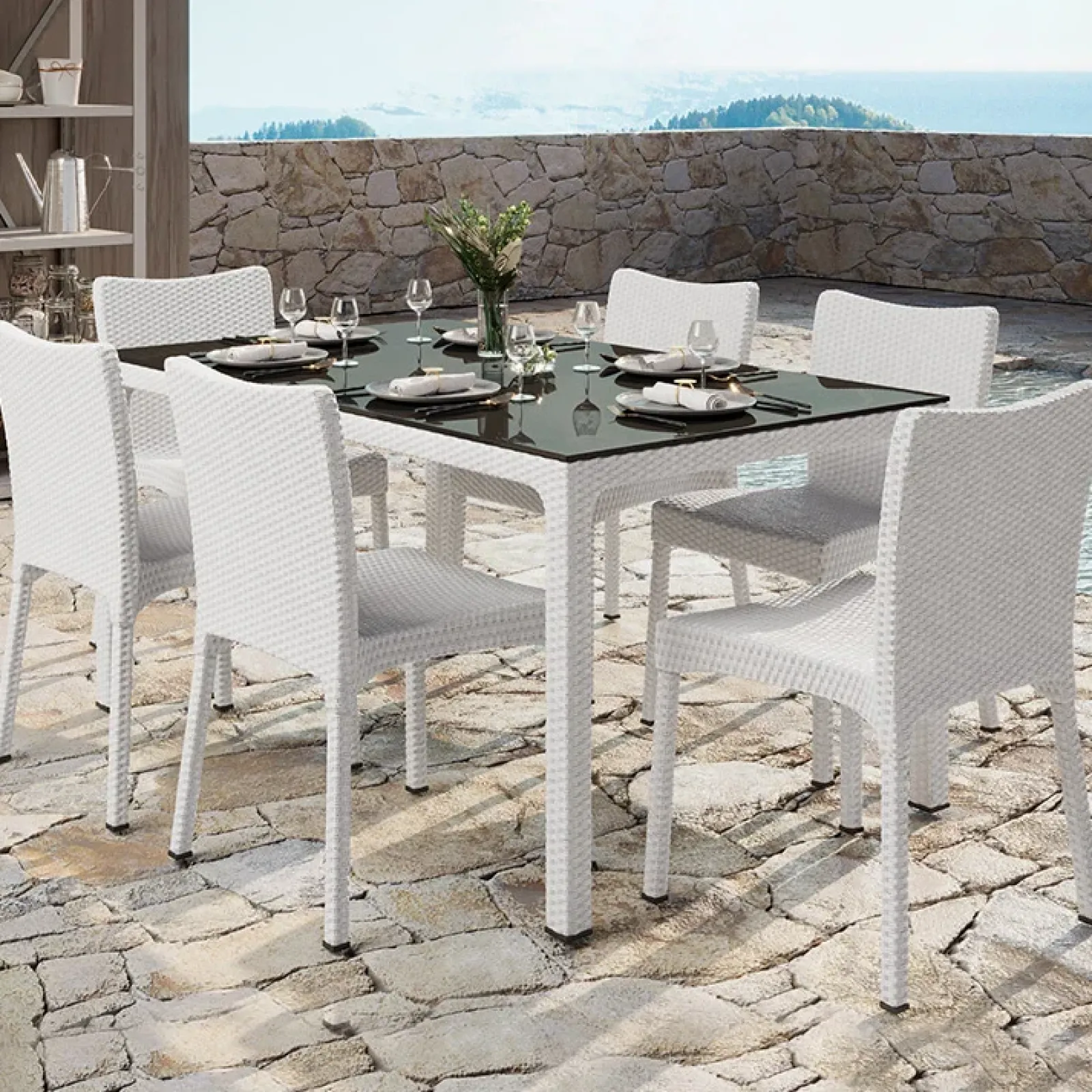 Garnero Arredamenti Tavoli Da Giardino|Tavoli Da Pranzo-Tavolo 150x90cm da giardino esterno bar dehors polipropilene effetto rattan bianco e vetro Ezio Bianco Opaco