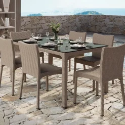 Garnero Arredamenti Tavoli Da Giardino|Tavoli Da Pranzo-Tavolo 150x90cm da giardino esterno bar dehors polipropilene effetto rattan e vetro Ezio Tortora