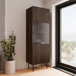 Garnero Arredamenti Vetrinette|Vetrinette-Vetrina alta 60x183h cm 1 anta 2 vani a giorno noce cannettato Gabiot