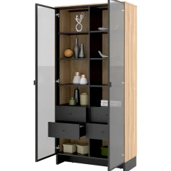 Garnero Arredamenti Vetrinette|Vetrinette-Vetrina alta 92x196h cm 2 ante vetro 4 cassetti interni rovere nero Alabaster