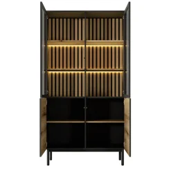 Garnero Arredamenti Vetrinette|Vetrinette-Vetrina alta 100x189h cm 4 ante con led nero opaco rovere Amel