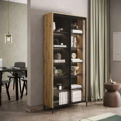 Garnero Arredamenti Vetrinette|Vetrinette-Vetrina alta 92x196h cm 2 ante led nero Camelia Rovere Rustico