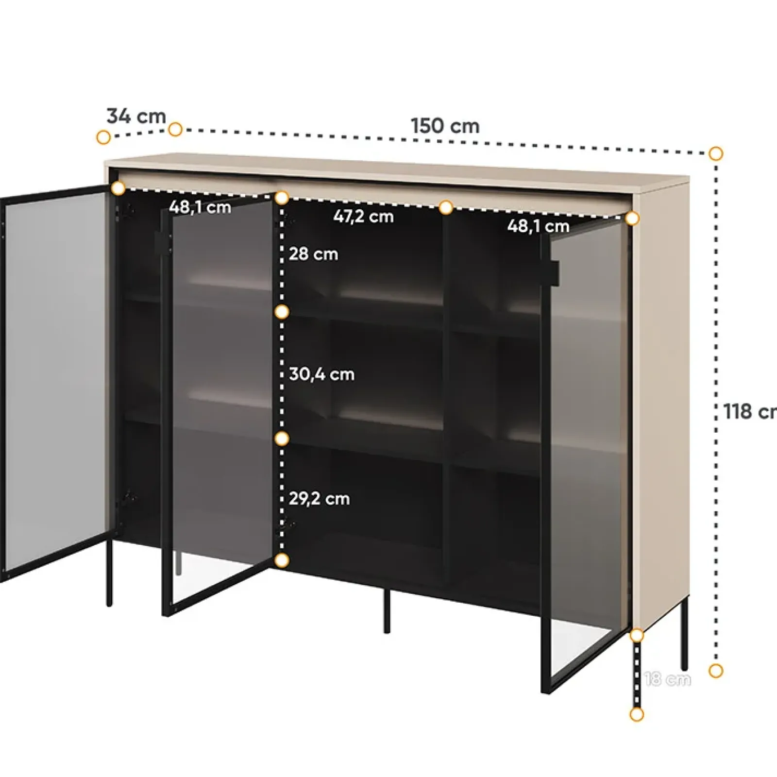 Garnero Arredamenti Vetrinette|Vetrinette-Vetrina bassa 150x118h cm 3 ante led nero Camelia Beige