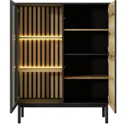 Garnero Arredamenti Vetrinette|Vetrinette-Vetrina bassa 100x126h cm 3 ante con led nero opaco rovere Amel