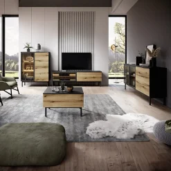 Garnero Arredamenti Vetrinette|Vetrinette-Vetrina bassa 100x126h cm 3 ante con led nero opaco rovere Amel