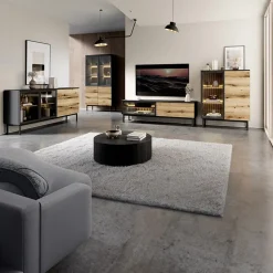 Garnero Arredamenti Vetrinette|Vetrinette-Vetrina bassa 100x126h cm 3 ante con led nero opaco rovere Amel