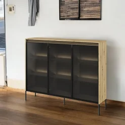 Garnero Arredamenti Vetrinette|Vetrinette-Vetrina bassa 150x118h cm 3 ante led nero Camelia Rovere Rustico