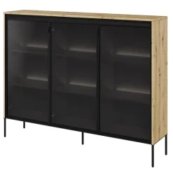 Garnero Arredamenti Vetrinette|Vetrinette-Vetrina bassa 150x118h cm 3 ante led nero Camelia Rovere Rustico