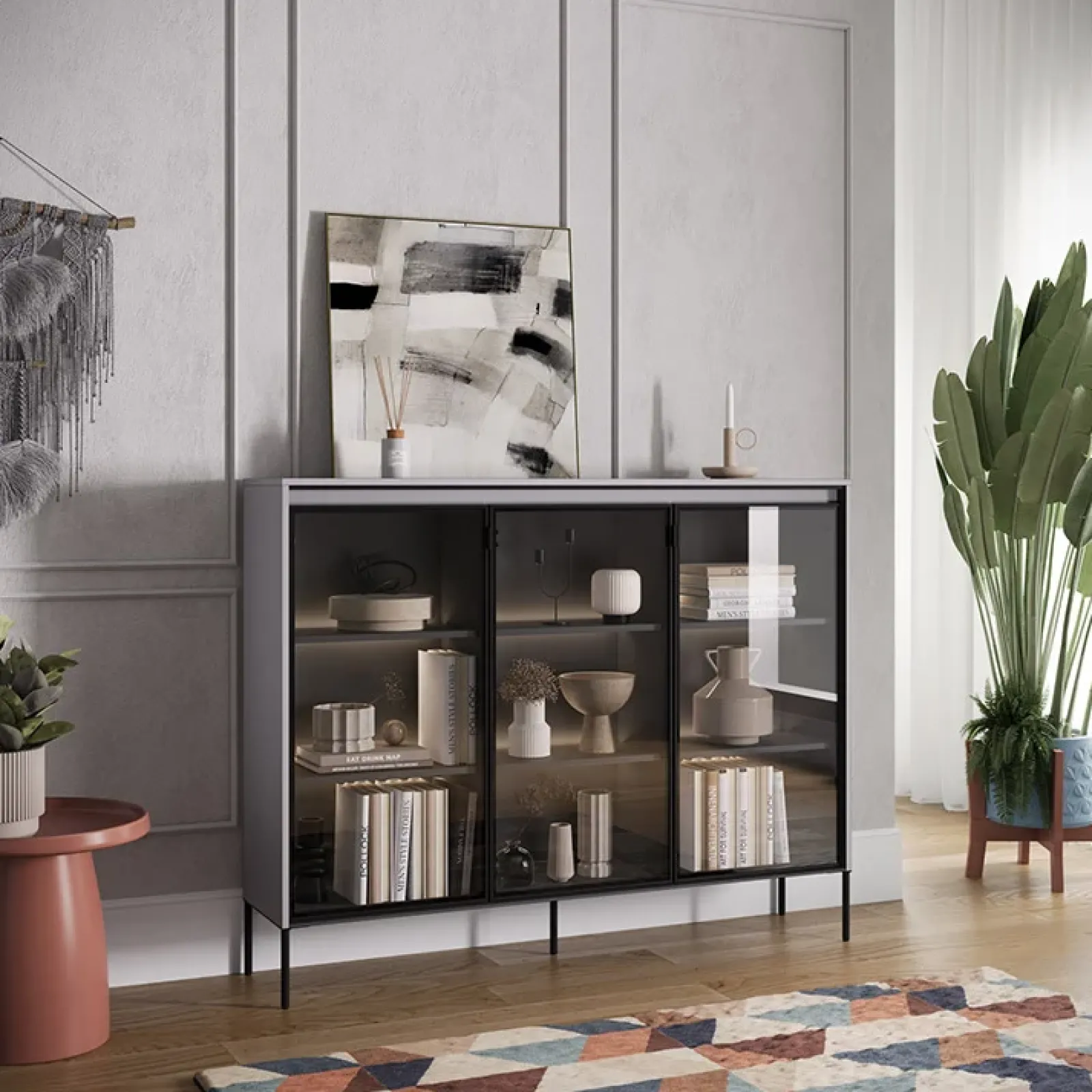 Garnero Arredamenti Vetrinette|Vetrinette-Vetrina bassa 150x118h cm 3 ante led nero Camelia Grigio