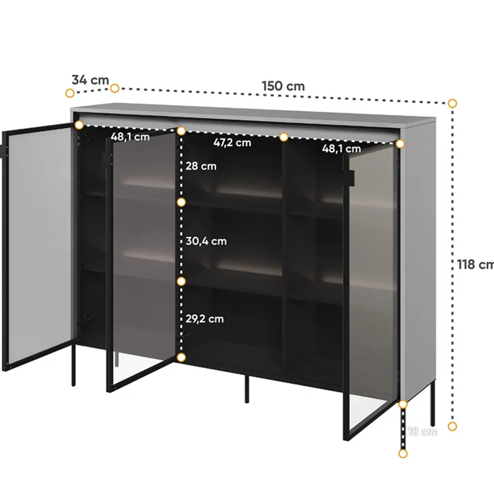 Garnero Arredamenti Vetrinette|Vetrinette-Vetrina bassa 150x118h cm 3 ante led nero Camelia Grigio