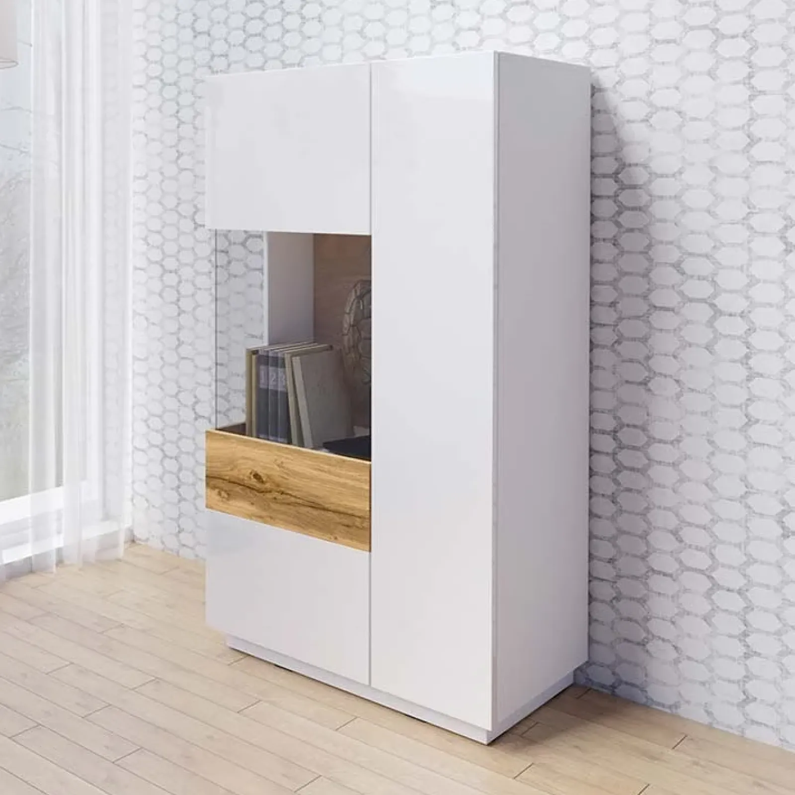 Garnero Arredamenti Vetrinette|Vetrinette-Vetrina bassa 80x139h cm 2 ante sinistra bianco lucido rovere Bahama Bianco Lucido - Rovere Rustico