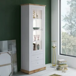Garnero Arredamenti Vetrinette|Vetrinette-Vetrina 73x204h cm 1 anta 2 cassetti soggiorno bianco frassinato rovere Islen Bianco Opaco - Rovere
