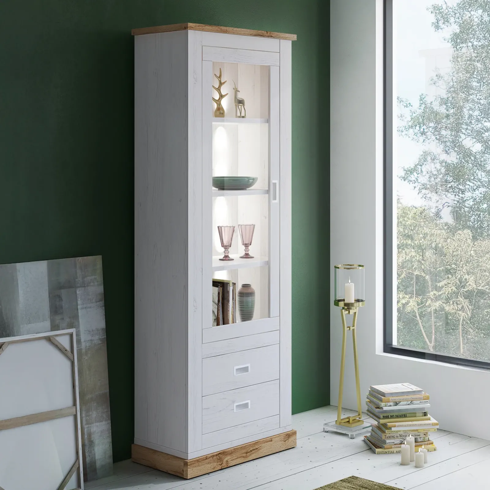 Garnero Arredamenti Vetrinette|Vetrinette-Vetrina 73x204h cm 1 anta 2 cassetti soggiorno bianco frassinato rovere Islen Bianco Opaco - Rovere