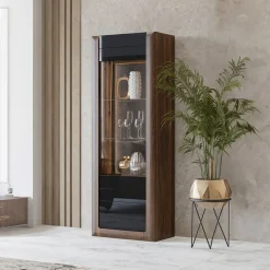 Garnero Arredamenti Vetrinette|Vetrinette-Vetrina 73x200h cm 1 anta 5 ripiani noce nero lucido Jumbo Nero Lucido - Noce