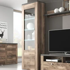 Garnero Arredamenti Vetrinette|Vetrinette-Vetrina 65x206h cm 1 anta moderna noce rovere grigio Paloma 2 Noce - Grigio