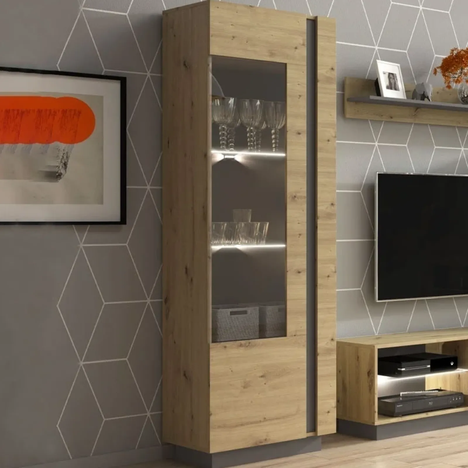 Garnero Arredamenti Vetrinette|Vetrinette-Vetrina 60x194h cm 1 anta soggiorno rovere antracite Noa Gihome® Rovere - Antracite