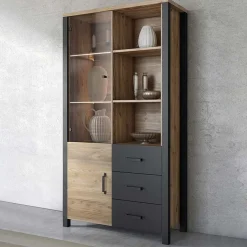 Garnero Arredamenti Vetrinette|Vetrinette-Vetrina 101x191h cm 2 ante 3 cassetti moderna quercia nero opaco Nebraska