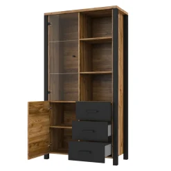 Garnero Arredamenti Vetrinette|Vetrinette-Vetrina 101x191h cm 2 ante 3 cassetti moderna quercia nero opaco Nebraska