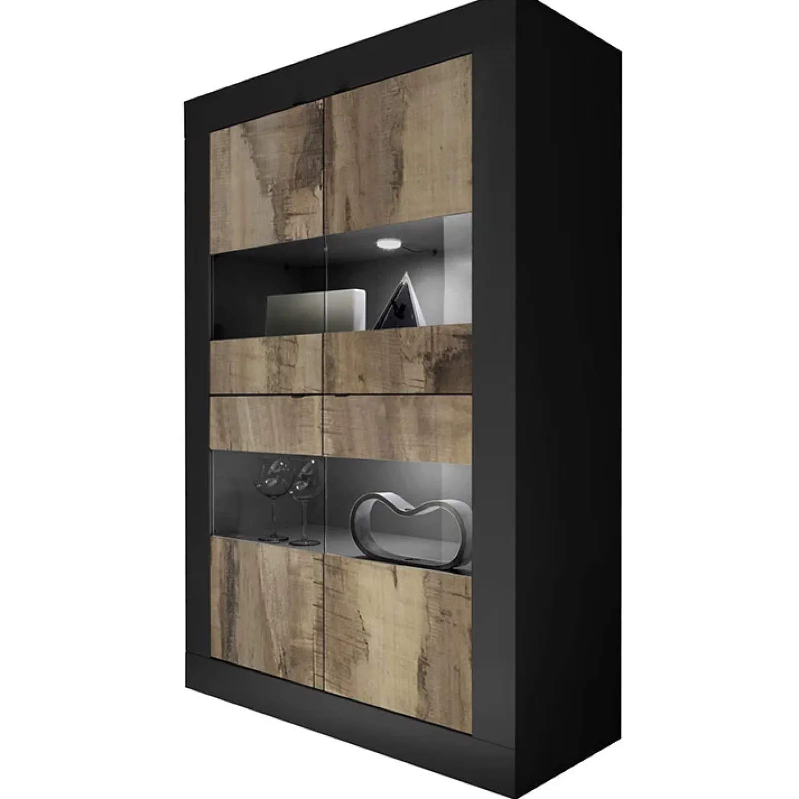 Garnero Arredamenti Vetrinette|Vetrinette-Vetrina 102x162h cm 4 ante moderna nero pero Eternity Nero Opaco - Rovere