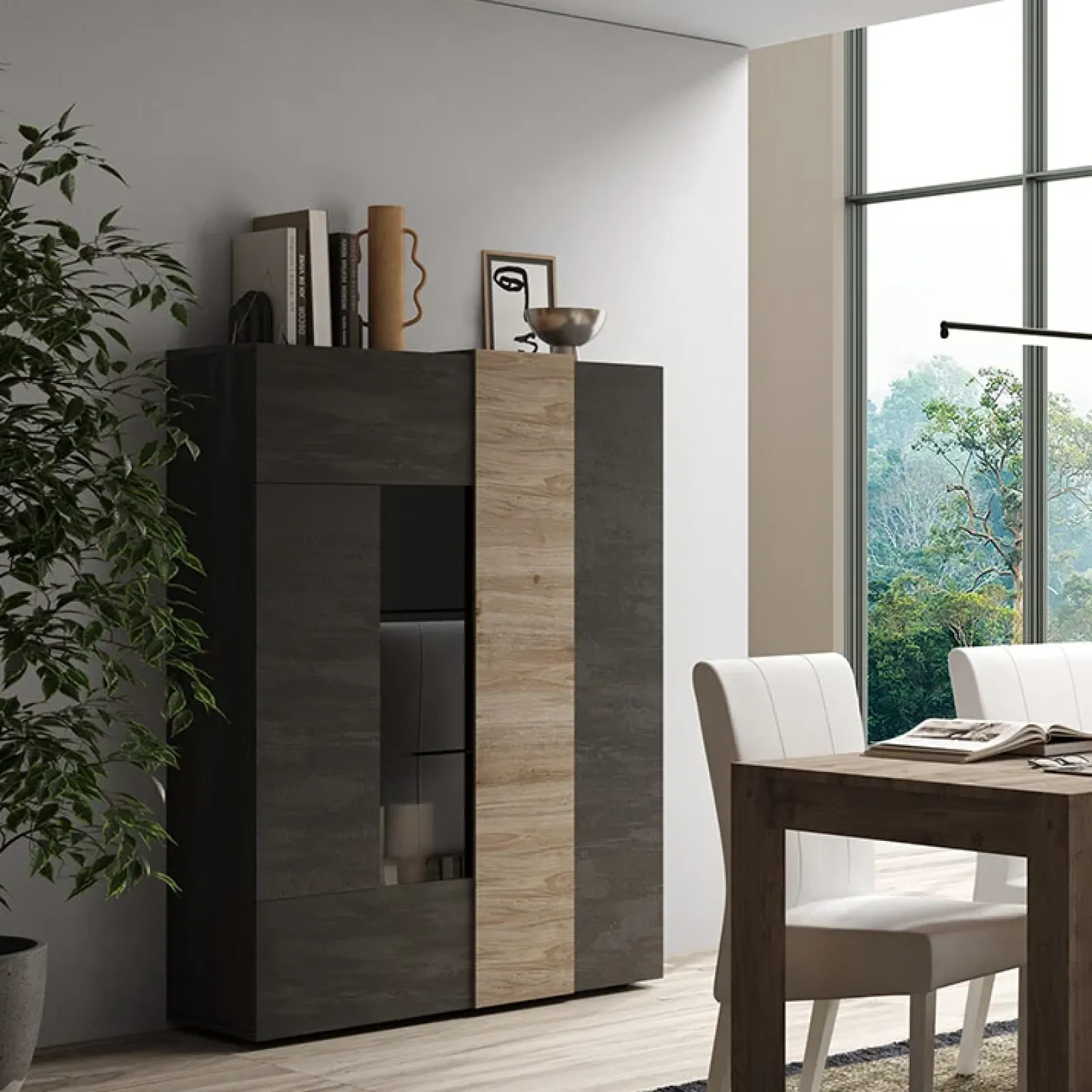 Garnero Arredamenti Vetrinette|Vetrinette-Vetrina 121x168h cm 2 ante moderna titanio rovere Universal Antracite - Rovere