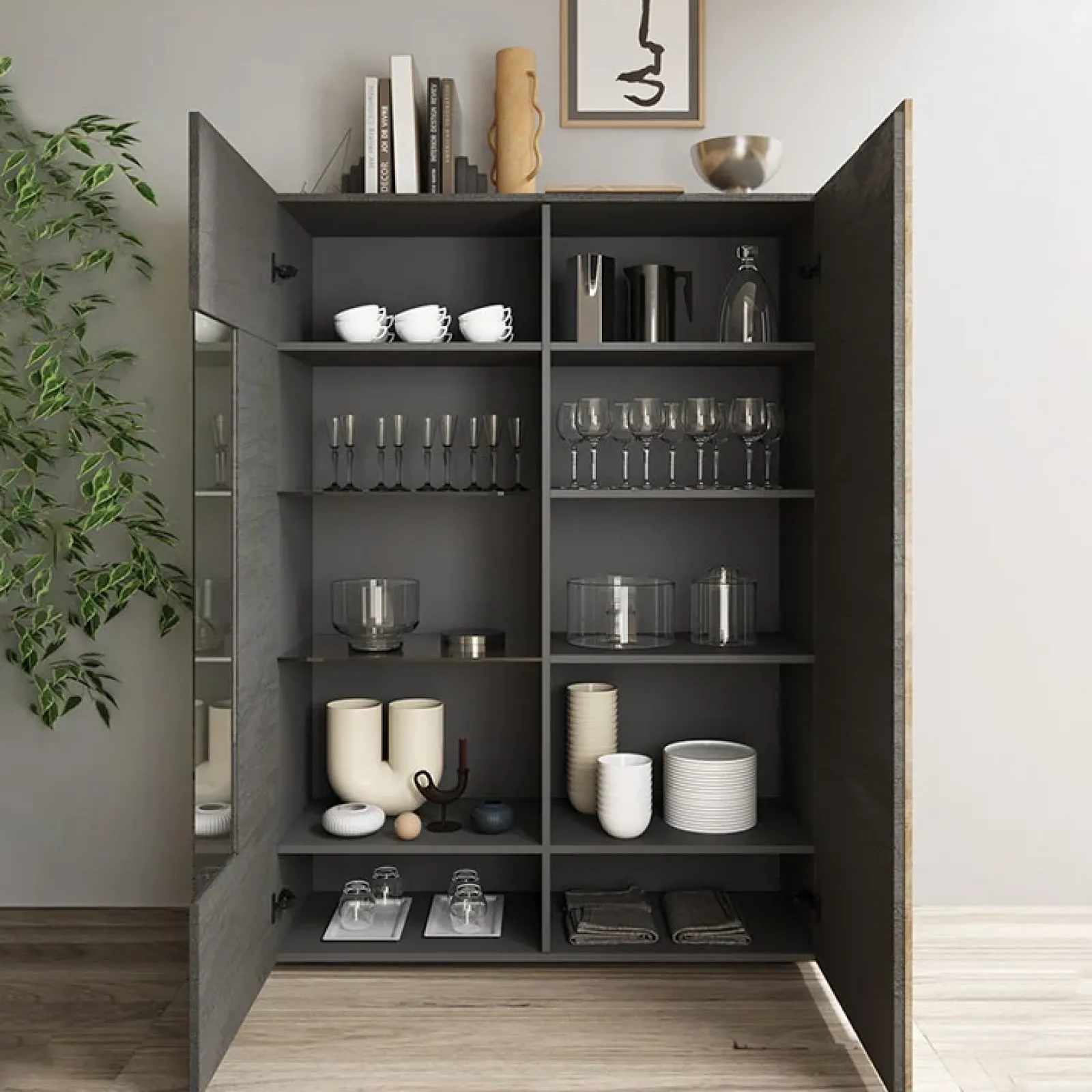 Garnero Arredamenti Vetrinette|Vetrinette-Vetrina 121x168h cm 2 ante moderna titanio rovere Universal Antracite - Rovere