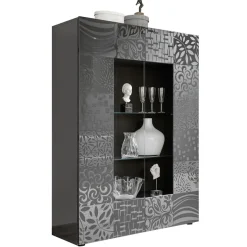 Garnero Arredamenti Vetrinette|Vetrinette-Vetrina 121x166h cm 2 ante moderna grigio scuro con serigrafia Paradise Antracite