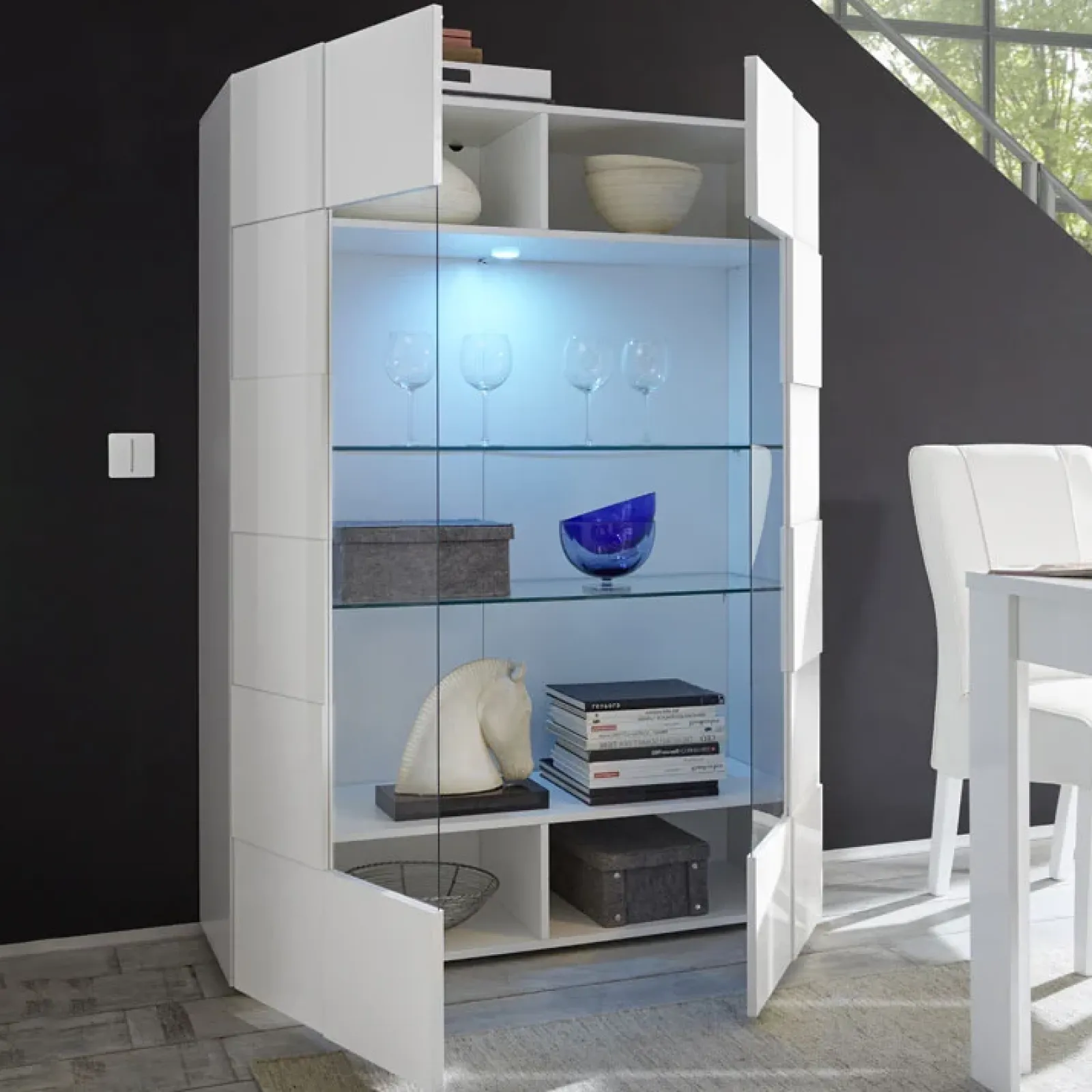 Garnero Arredamenti Vetrinette|Vetrinette-Vetrina 121x166h cm 2 ante moderna soggiorno bianco lucido Obsession Bianco Lucido - Bianco Lucido