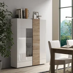 Garnero Arredamenti Vetrinette|Vetrinette-Vetrina 121x168h cm 2 ante moderna bianco lucido rovere Universal Bianco Lucido - Rovere
