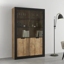 Garnero Arredamenti Vetrinette|Vetrinette-Vetrina 120x187h cm 4 ante rovere rustico nero Ilyssa