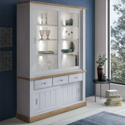 Garnero Arredamenti Vetrinette|Vetrinette-Vetrina 150x204h cm 4 ante scorrevoli 3 cassetti soggiorno bianco frassinatorovere Islen Bianco Opaco - Rovere