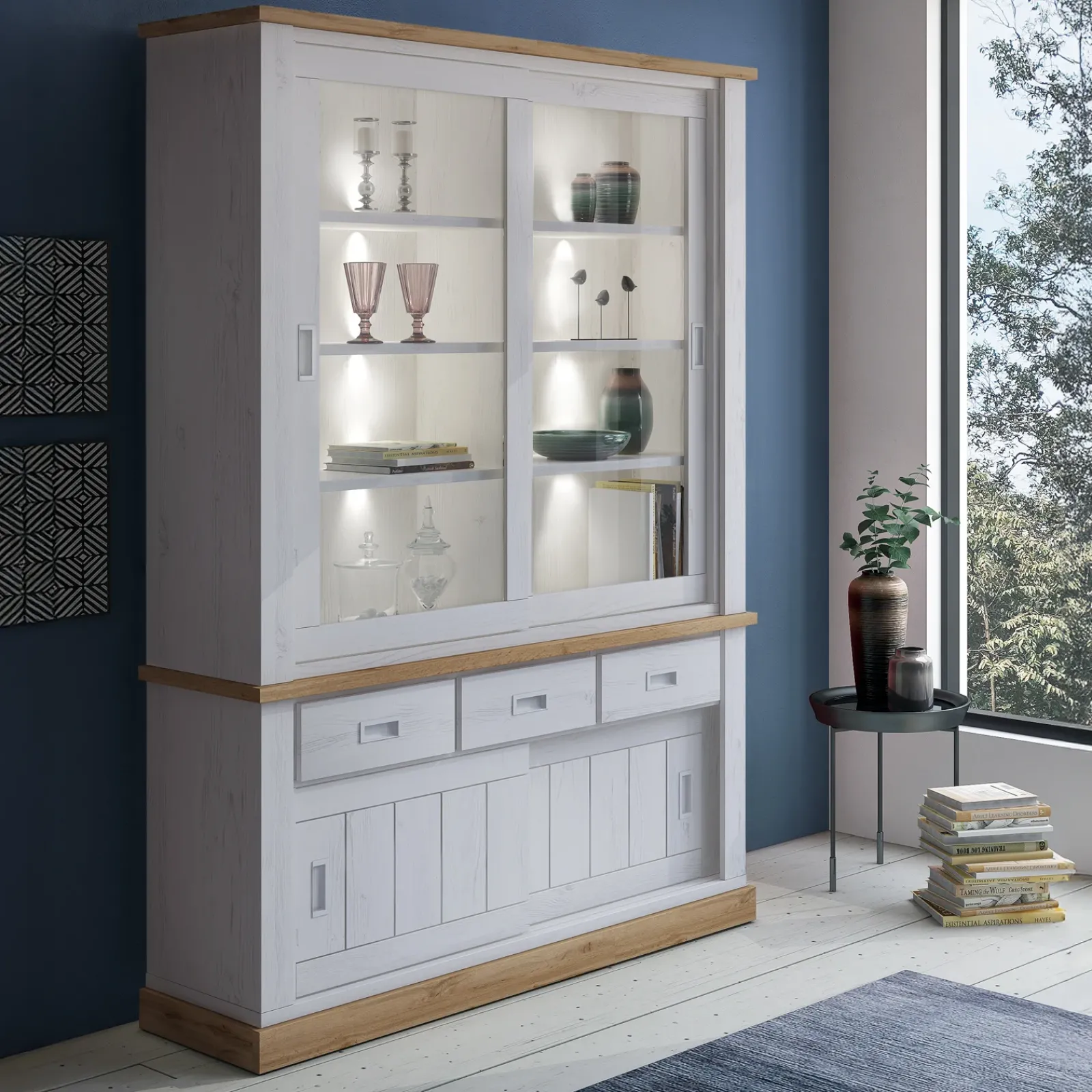 Garnero Arredamenti Vetrinette|Vetrinette-Vetrina 150x204h cm 4 ante scorrevoli 3 cassetti soggiorno bianco frassinatorovere Islen Bianco Opaco - Rovere