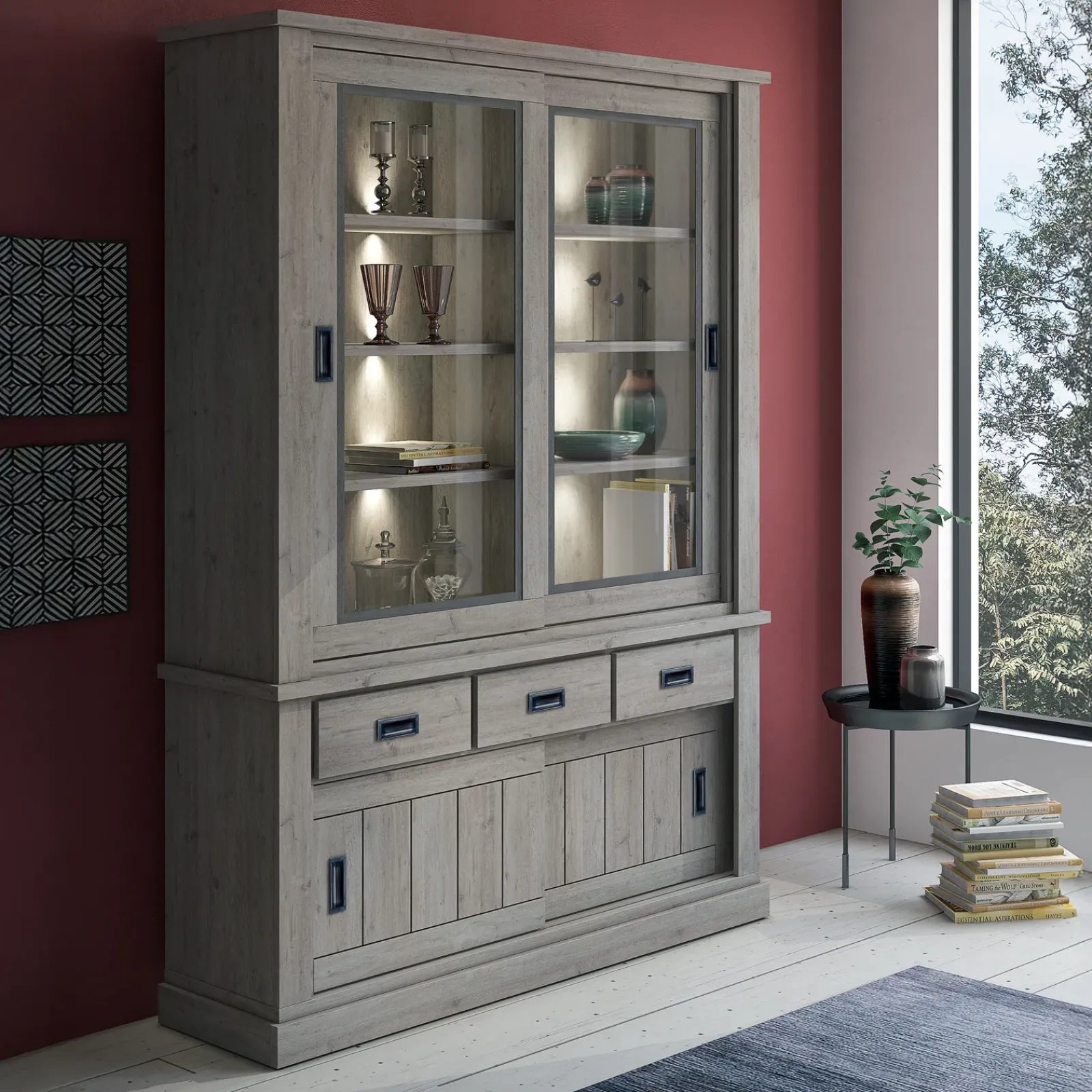 Garnero Arredamenti Vetrinette|Vetrinette-Vetrina 150x204h cm 4 ante scorrevoli 3 cassetti soggiorno nero Islen Rovere Grigio