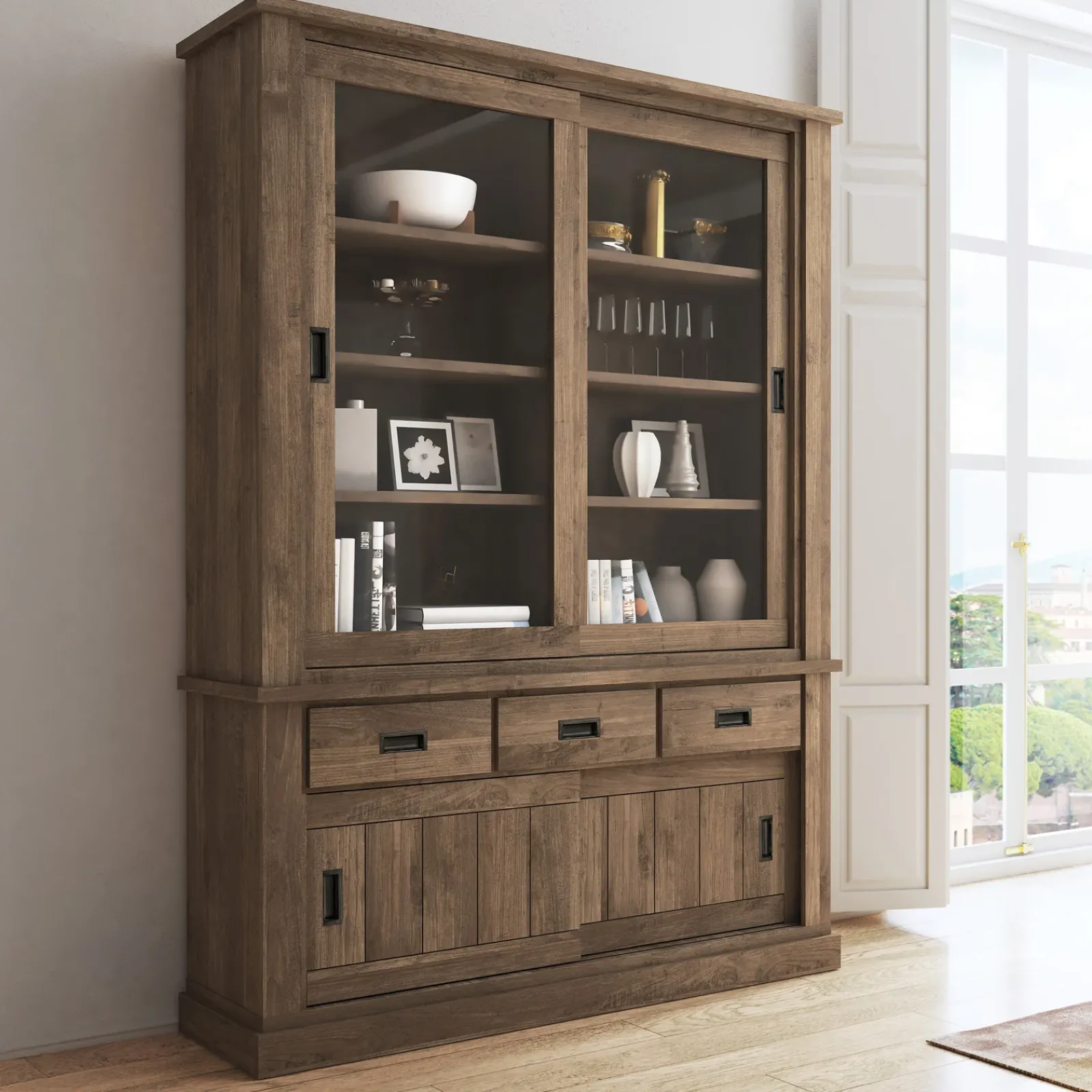 Garnero Arredamenti Vetrinette|Vetrinette-Vetrina 150x204h cm 4 ante scorrevoli 3 cassetti soggiorno nero Islen Noce