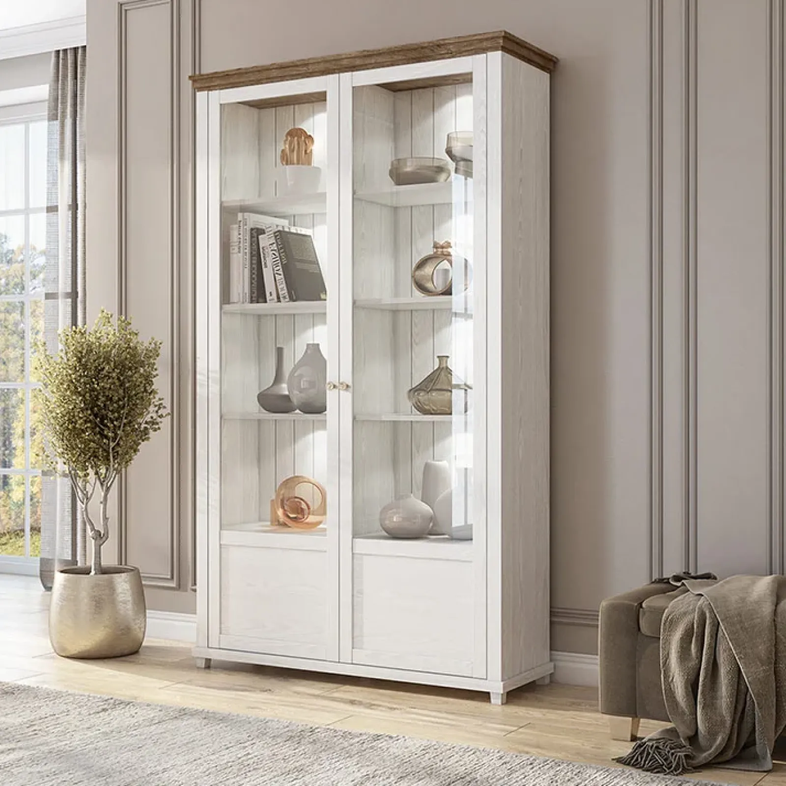 Garnero Arredamenti Vetrinette|Vetrinette-Vetrina 126x200h cm 2 ante soggiorno rovere Texel Bianco Frassinato