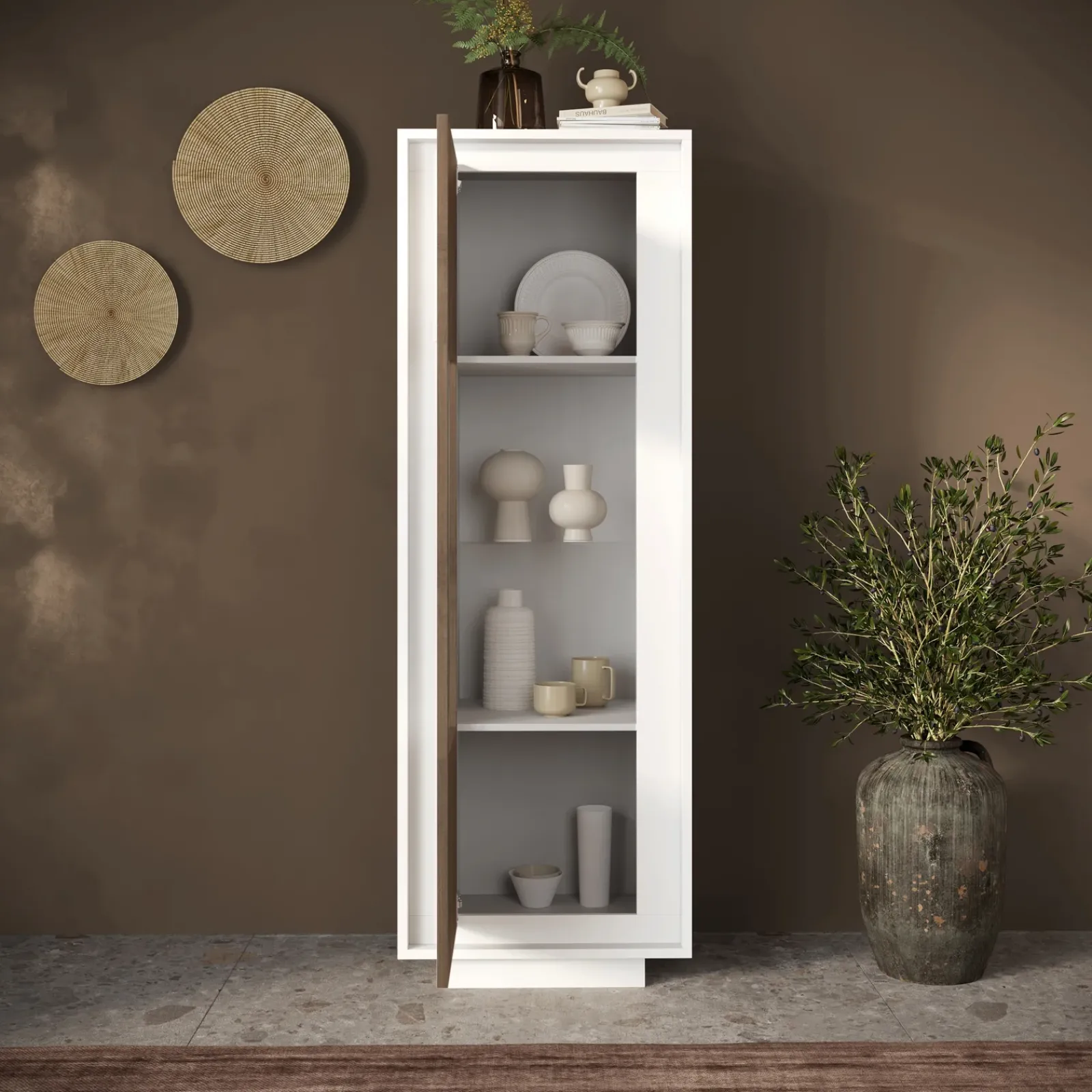 Garnero Arredamenti Vetrinette|Vetrinette-Vetrinetta 67x197h cm 1 anta moderna bianco opaco rovere scuro Deluxe Bianco Opaco - Rovere Rustico