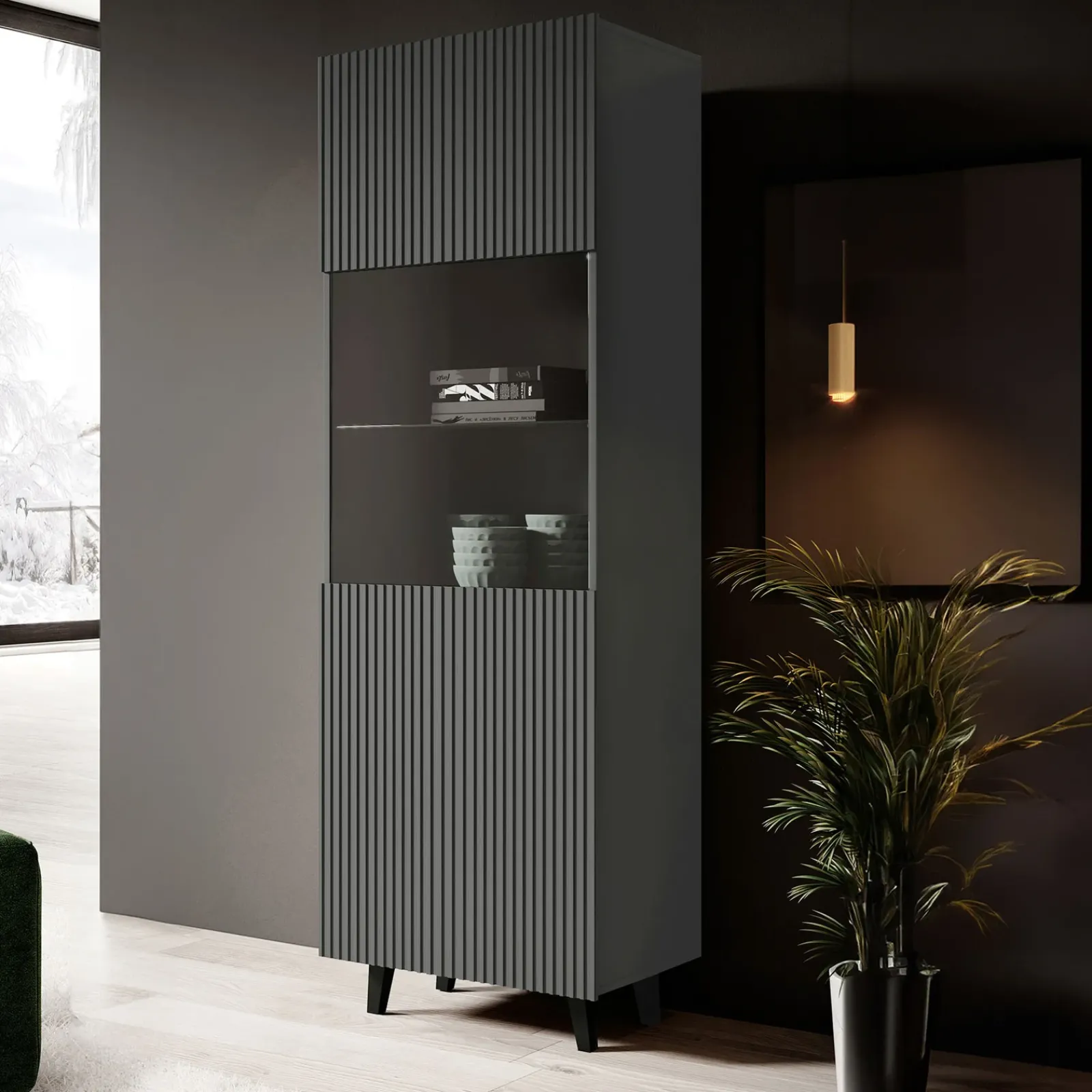 Garnero Arredamenti Vetrinette|Vetrinette-Vetrinetta 60x183h cm 1 anta moderna cannettato Essence Antracite