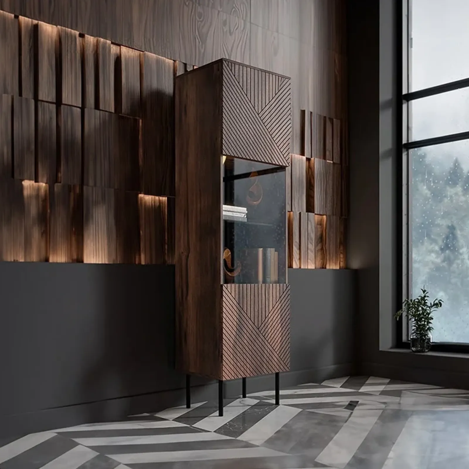 Garnero Arredamenti Vetrinette|Vetrinette-Vetrinetta 51x187h cm 1 anta noce scuro con frontali serigrafati Savanna