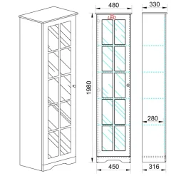 Garnero Arredamenti Vetrinette|Vetrinette-Vetrinetta 48x199h cm 1 anta shabby bianco lucido rovere Loira