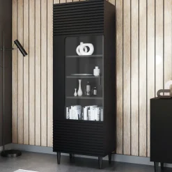 Garnero Arredamenti Vetrinette|Vetrinette-Vetrinetta 60x180h cm 1 anta soggiorno moderna nero Flippo Nero Opaco
