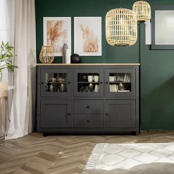 Garnero Arredamenti Vetrinette|Vetrinette-Vetrinetta 186x126h cm 5 ante 2 cassetti nero grafite rovere chiaro Holga Grafite - Rovere