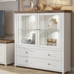 Garnero Arredamenti Credenze Moderne|Vetrinette-Vetrinetta 126x138h cm 2 ante 2 cassetti rovere Texel Bianco Frassinato