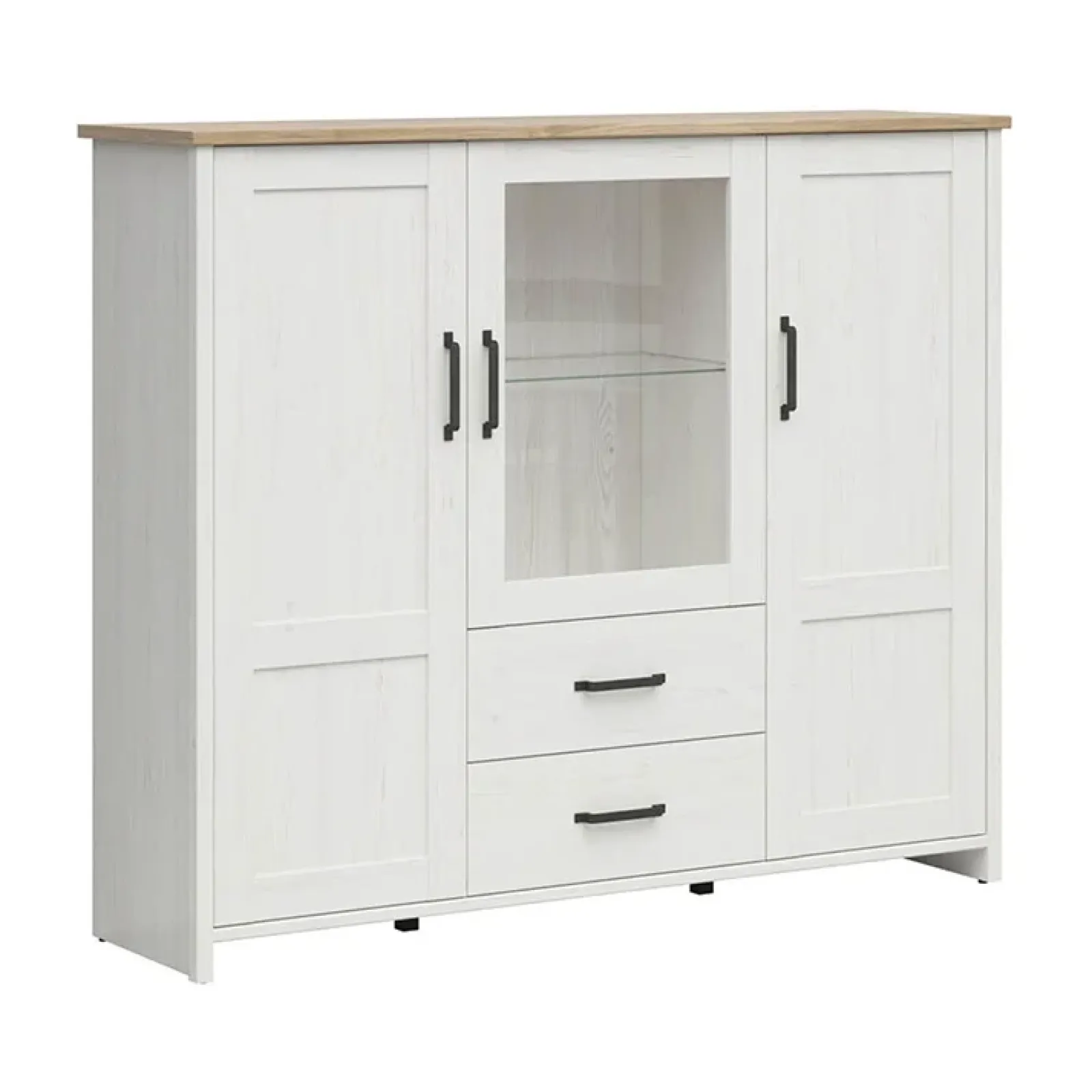 Garnero Arredamenti Vetrinette|Vetrinette-Vetrinetta 160x135h cm 3 ante 2 cassetti soggiorno bianco frassinato rovere Lars