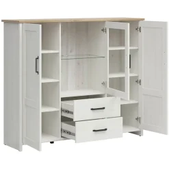 Garnero Arredamenti Vetrinette|Vetrinette-Vetrinetta 160x135h cm 3 ante 2 cassetti soggiorno bianco frassinato rovere Lars