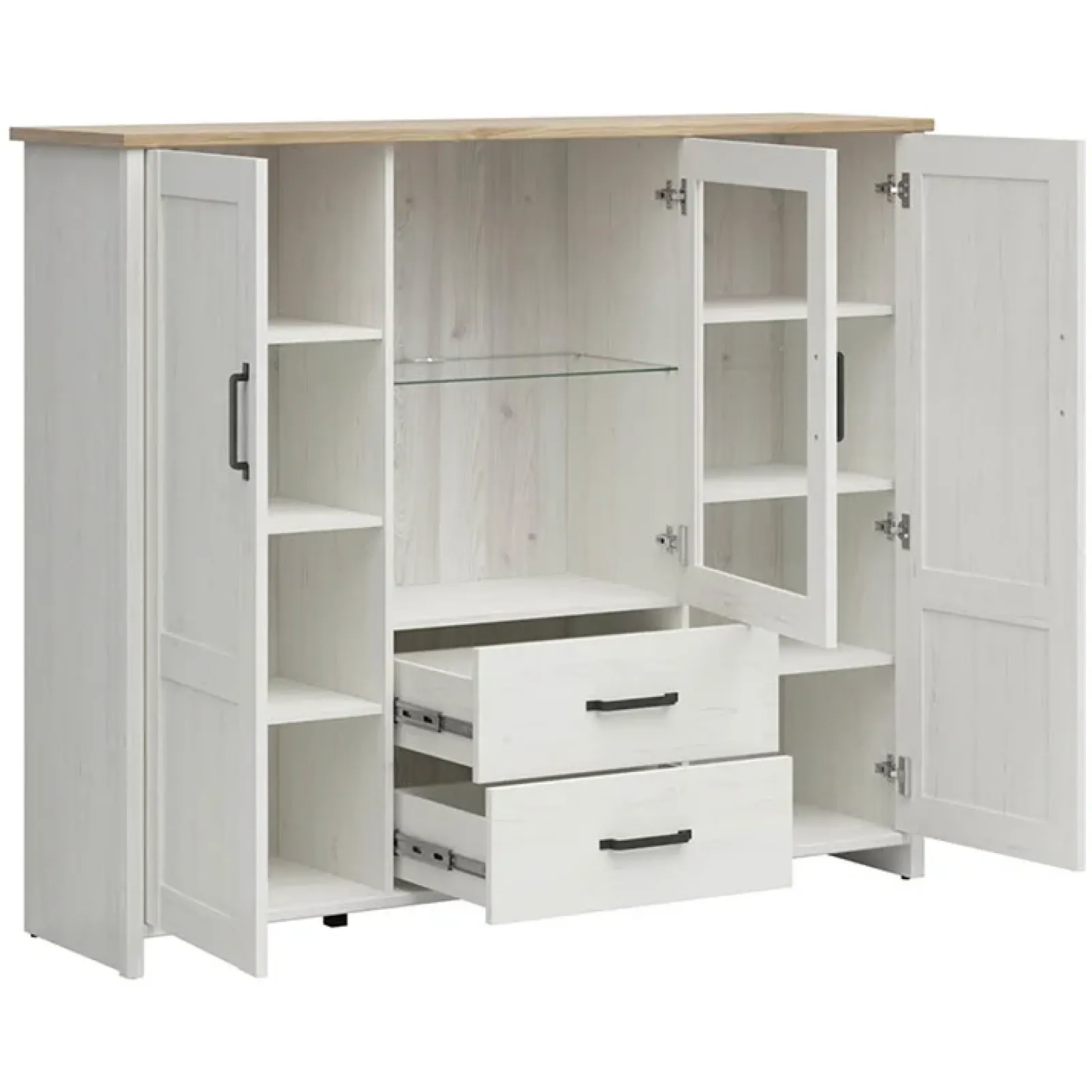 Garnero Arredamenti Vetrinette|Vetrinette-Vetrinetta 160x135h cm 3 ante 2 cassetti soggiorno bianco frassinato rovere Lars