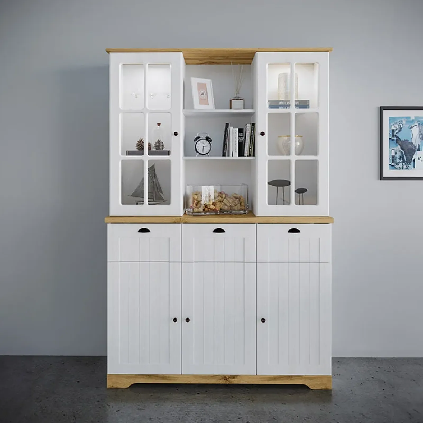 Garnero Arredamenti Vetrinette|Vetrinette-Vetrinetta 133x199h cm 5 ante 3 cassetti shabby bianco lucido rovere Loira