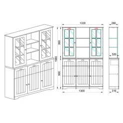 Garnero Arredamenti Vetrinette|Vetrinette-Vetrinetta 133x199h cm 5 ante 3 cassetti shabby bianco lucido rovere Loira