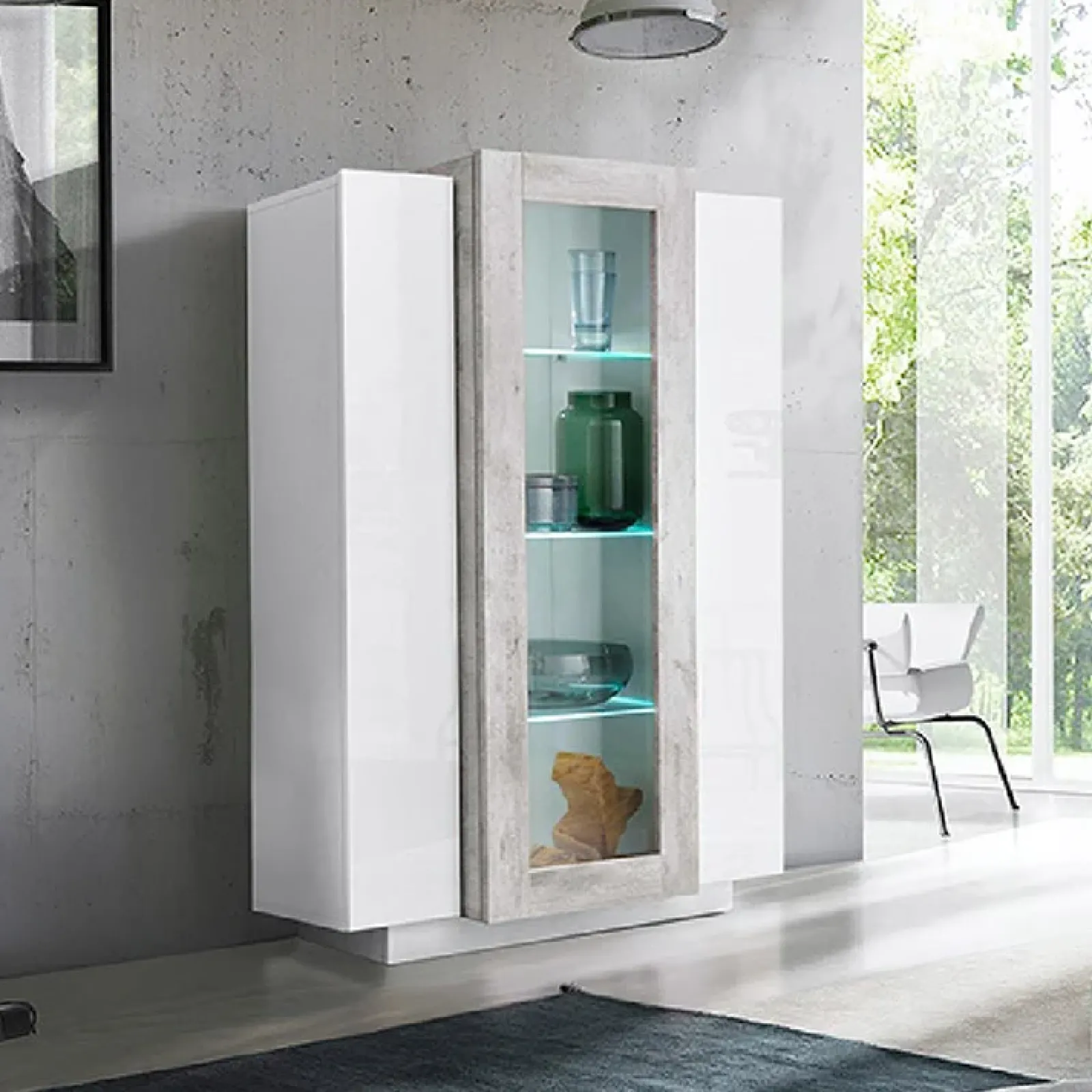Garnero Arredamenti Vetrinette|Vetrinette-Vetrinetta 80x121h cm 2 ante bianco lucido cemento Milos Gihome® Cemento - Bianco Lucido