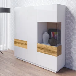 Garnero Arredamenti Vetrinette|Vetrinette-Vetrinetta 130x139h cm 3 ante bianco lucido rovere Bahama Bianco Lucido - Rovere Rustico